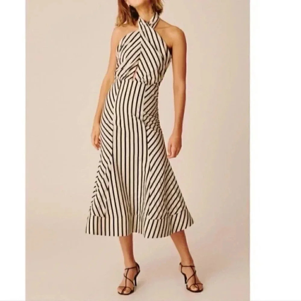 C/MEO Collective High As Hope Striped Black White Cotton Midi Dress Size: Medium
